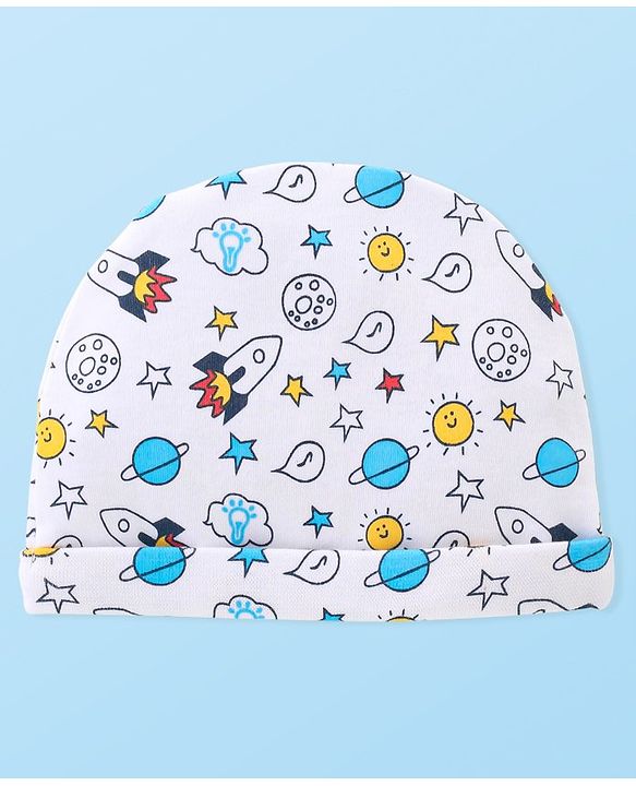 Babyhug 100% Cotton Knitted Cap Mittens & Booties with Space Print- White