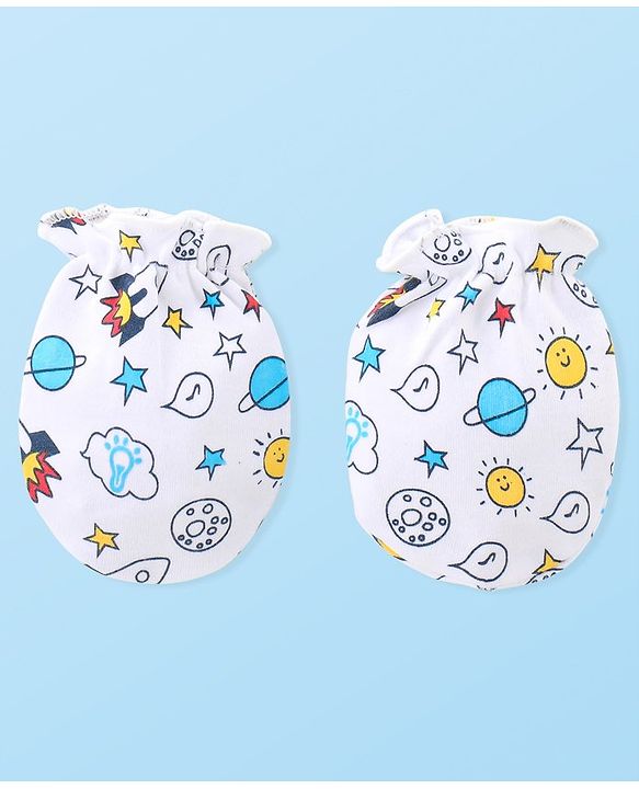 Babyhug 100% Cotton Knitted Cap Mittens & Booties with Space Print- White