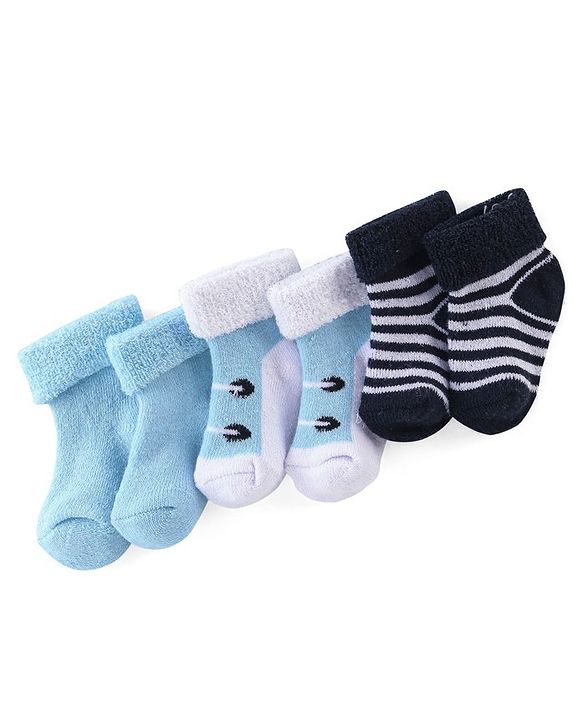 Cute Walk By Babyhug Anti Bacterial Ankle Length Socks Solid & Stripe Design Pack of 3- Blue Black & White
