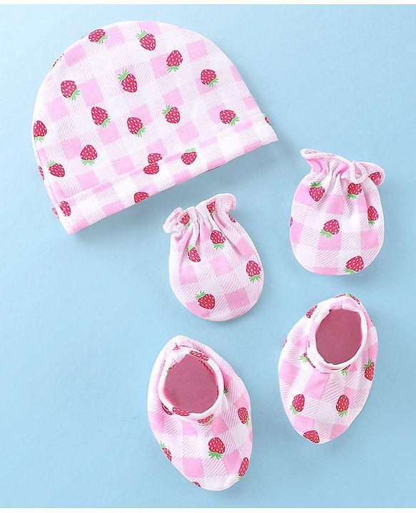 Babyhug 100% Cotton Knit Cap Mittens & Booties With Strawberry Print Pink - Diameter 11.5 cm