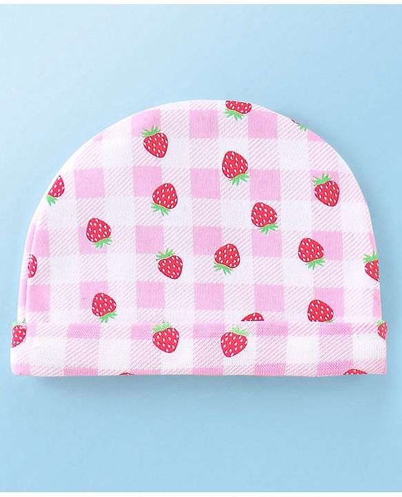 Babyhug 100% Cotton Knit Cap Mittens & Booties With Strawberry Print Pink - Diameter 11.5 cm