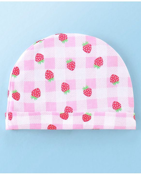 Babyhug 100% Cotton Knit Cap Mittens & Booties With Strawberry Print Pink - Diameter 11.5 cm