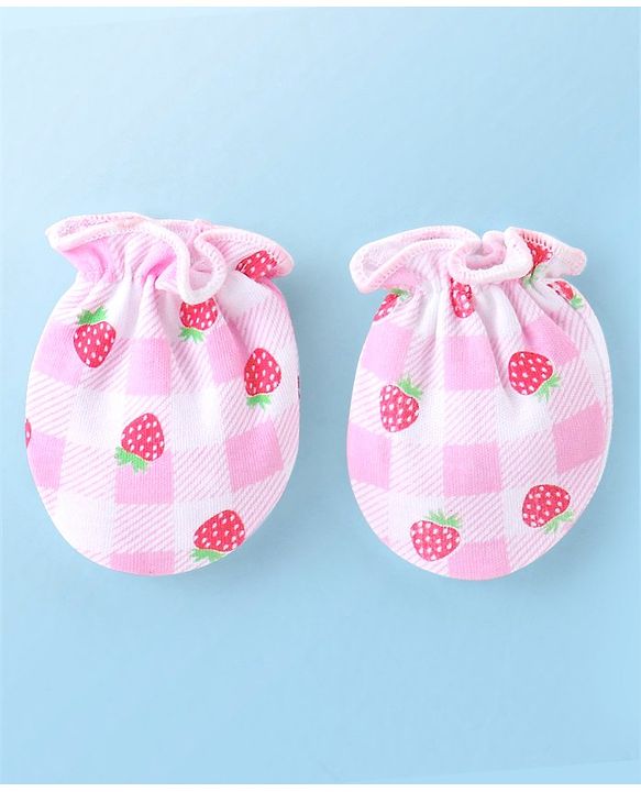 Babyhug 100% Cotton Knit Cap Mittens & Booties With Strawberry Print Pink - Diameter 11.5 cm