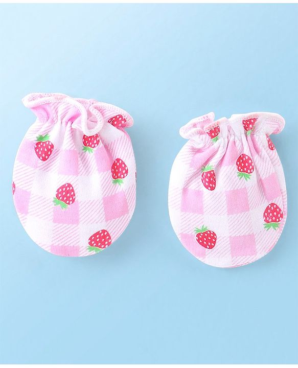 Babyhug 100% Cotton Knit Cap Mittens & Booties With Strawberry Print Pink - Diameter 11.5 cm