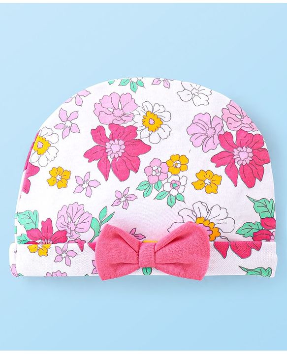 Babyhug 100% Cotton Knit Cap With Bow Applique Floral Print -Multicolor