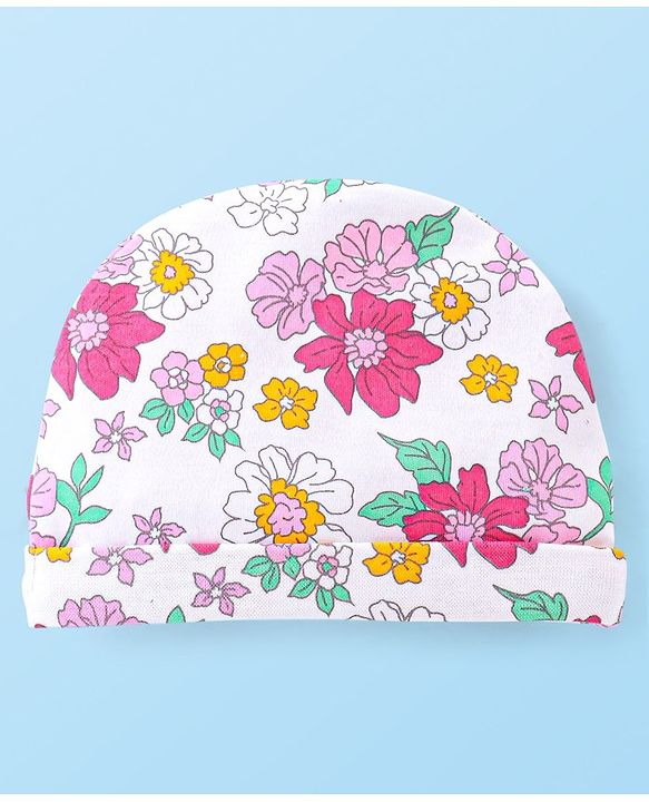 Babyhug 100% Cotton Knit Cap With Bow Applique Floral Print -Multicolor