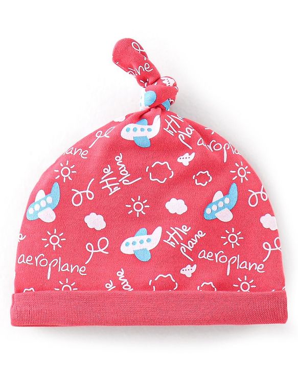 Babyhug 100% Cotton Knit Cap Air Plane Print- Red