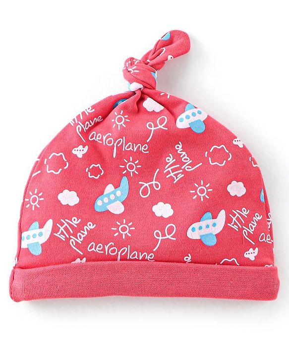 Babyhug 100% Cotton Knit Cap Air Plane Print- Red