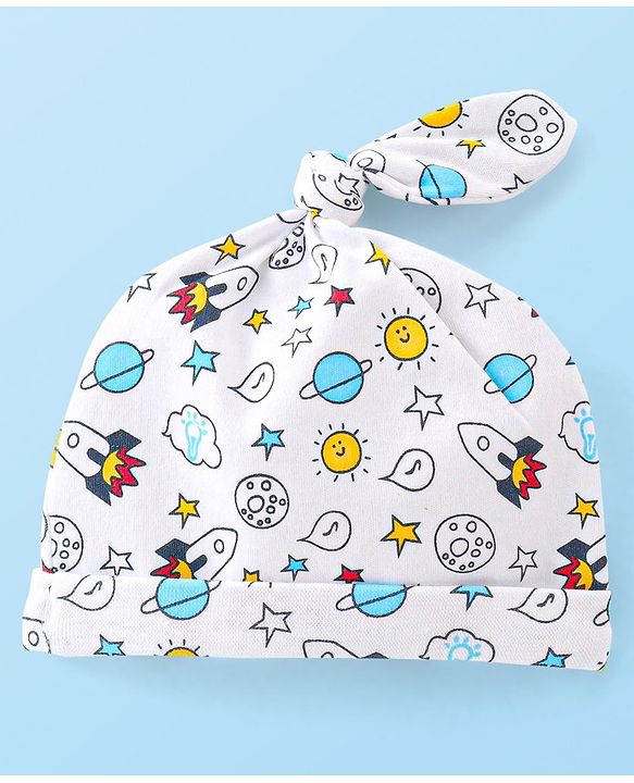 Babyhug 100% Cotton Knit Cap Space Print -White