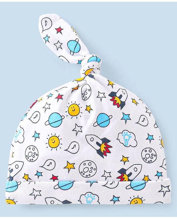Babyhug 100% Cotton Knit Cap Space Print -White