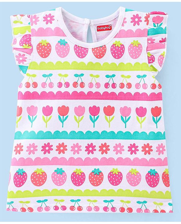 Babyhug Cotton Knit Frill Sleeves Floral & Cherries Printed T-Shirts Pack of 3 - Multicolour