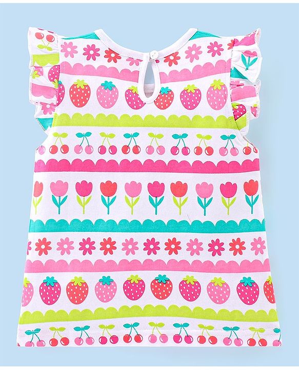 Babyhug Cotton Knit Frill Sleeves Floral & Cherries Printed T-Shirts Pack of 3 - Multicolour