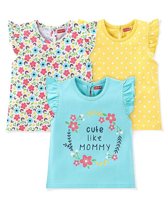 Babyhug Cotton Knit Sleeveless T-Shirt with Frill Floral & Dot Graphics Pack of 3- Blue & Yellow