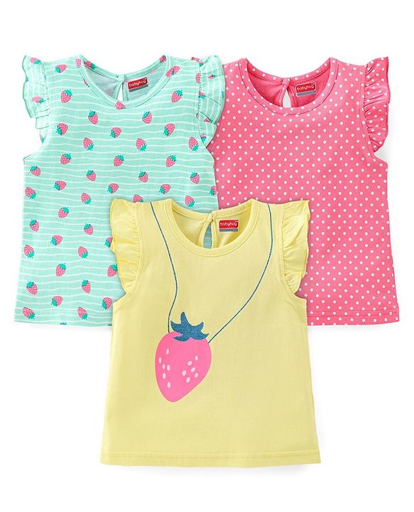 Babyhug Cotton Knit Frill Sleeves Strawberries & Polka Dots Printed T-Shirts Pack of 3 - Multicolor