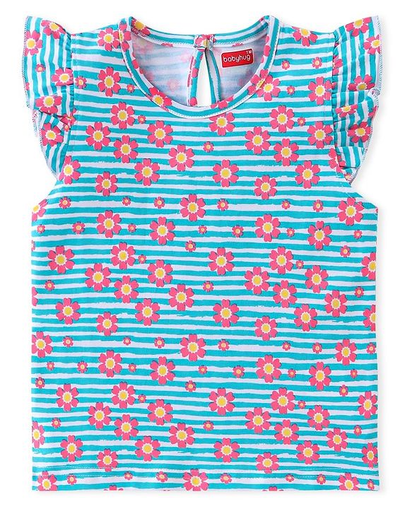 Babyhug Cotton Knit Frill Sleeves T-Shirts Floral & Text Print Pack of 3 - Multicolour