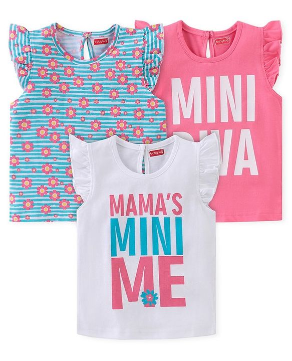 Babyhug Cotton Knit Frill Sleeves T-Shirts Floral & Text Print Pack of 3 - Multicolour