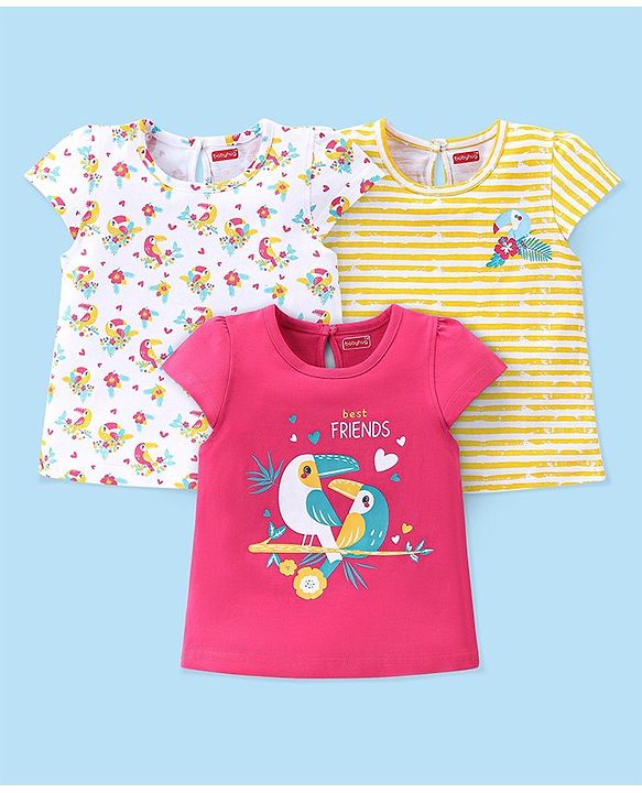 Babyhug Cotton Knit Cap Sleeves T-Shirts Toucan Bird Print Pack of 3 - Pink White & Yellow