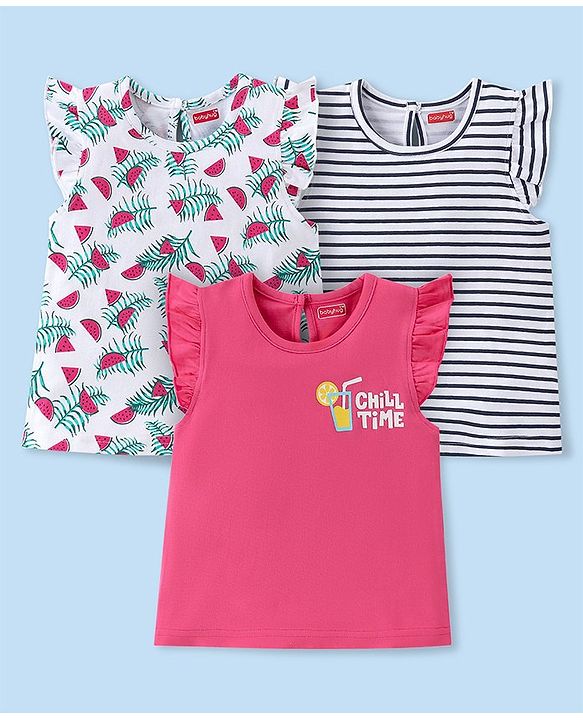 Babyhug 100% Cotton Knit Half Sleeves T-Shirt With Watermelon Graphics & Frill Detailing Pack Of 3- Multicolour