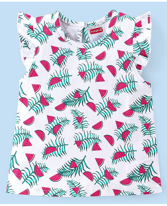 Babyhug 100% Cotton Knit Half Sleeves T-Shirt With Watermelon Graphics & Frill Detailing Pack Of 3- Multicolour