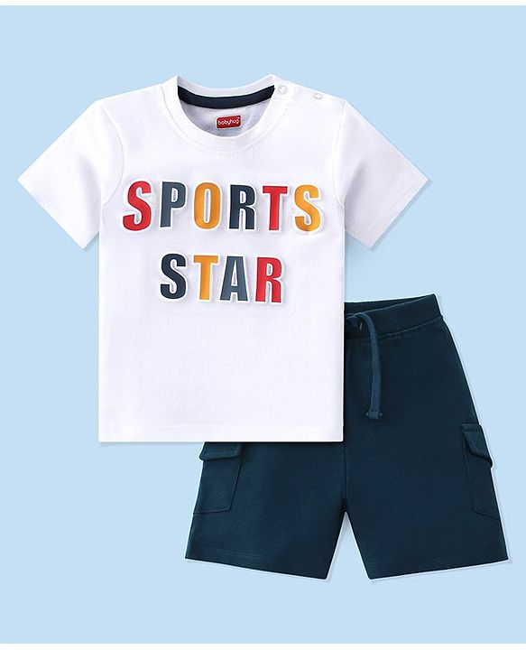 Babyhug 100% Cotton Single Jersey Knit Half Sleeves T-Shirt & Shorts Set Text Print - White & Black