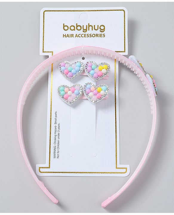 Babyhug Free Size Hair Accessories Combo Set of 3 Heart Applique - Pink