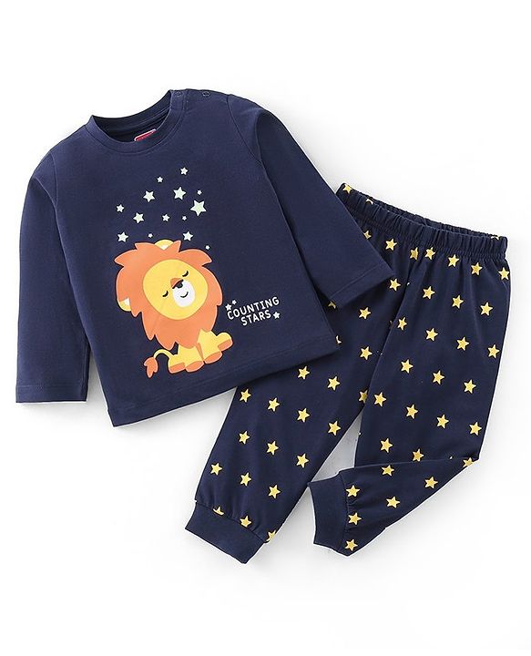 Babyhug Cotton Knit Single Jersey Full Sleeves Lion & Star Print Night Suit - Navy Blue