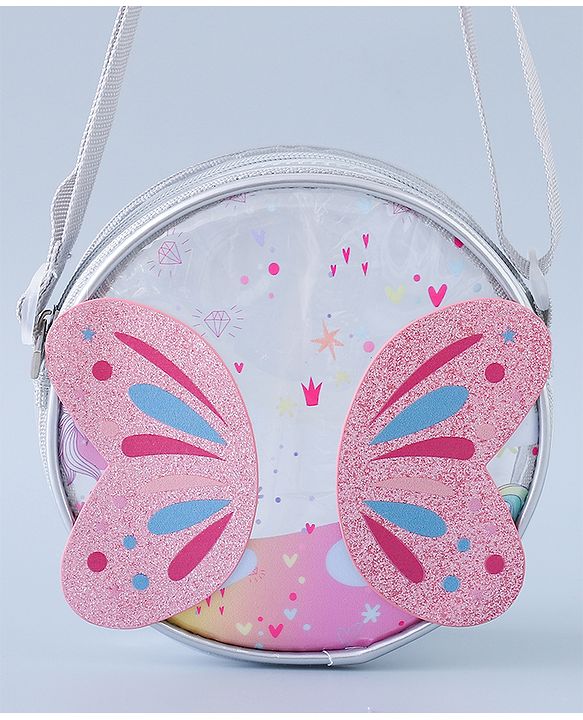 Babyhug Transparent Sling Bag with Butterfly Applique - Silver