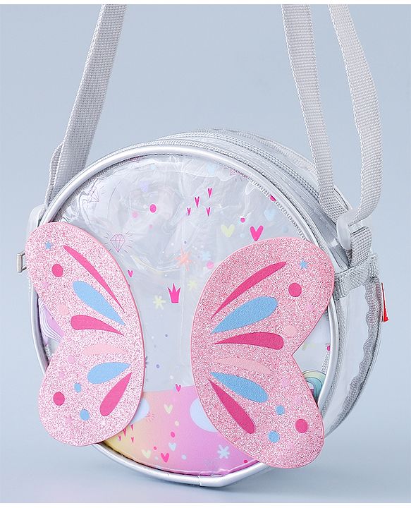 Babyhug Transparent Sling Bag with Butterfly Applique - Silver