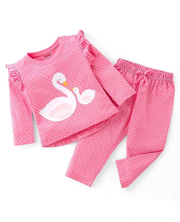 Babyhug Cotton Single Jersey Knit Full Sleeves Swan & Dot Print  Night Suit  - Pink