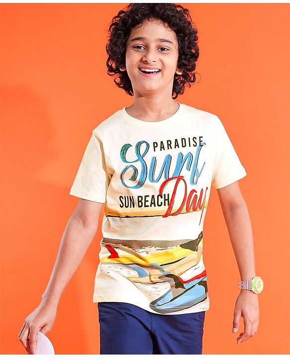 Pine Kids Half Sleeves Round Neck Cotton Text Printed T-Shirt - Snow White