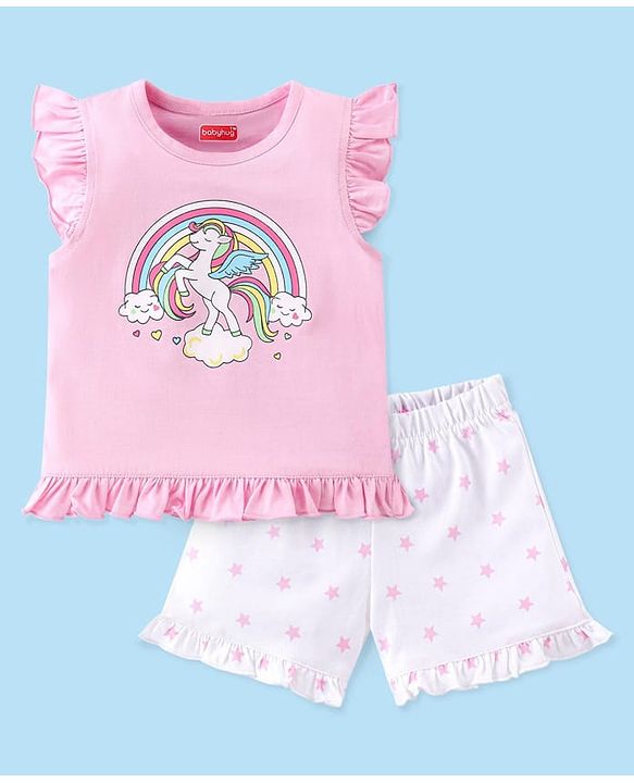 Babyhug Cotton Knit Half Sleeves Night Suit Unicorn Print -Pink
