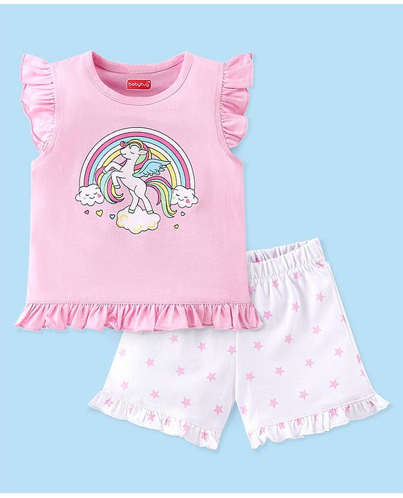 Babyhug Cotton Knit Half Sleeves Night Suit Unicorn Print -Pink