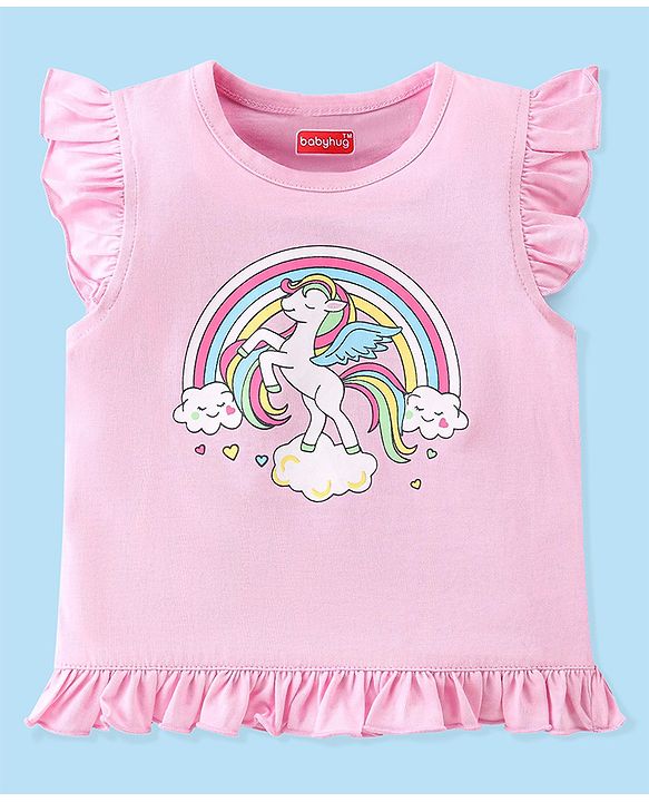 Babyhug Cotton Knit Half Sleeves Night Suit Unicorn Print -Pink