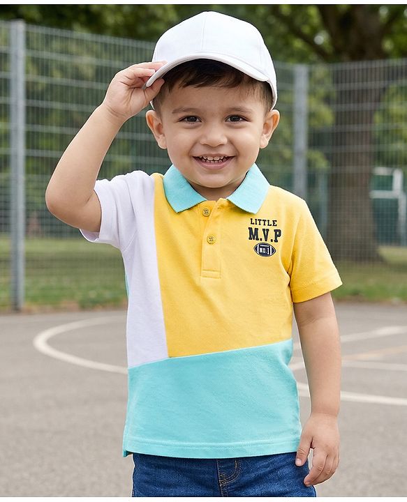 Babyhug Cotton Knit Half Sleeves Cut & Sew with Text Applique Polo T-Shirt - Yellow & Blue