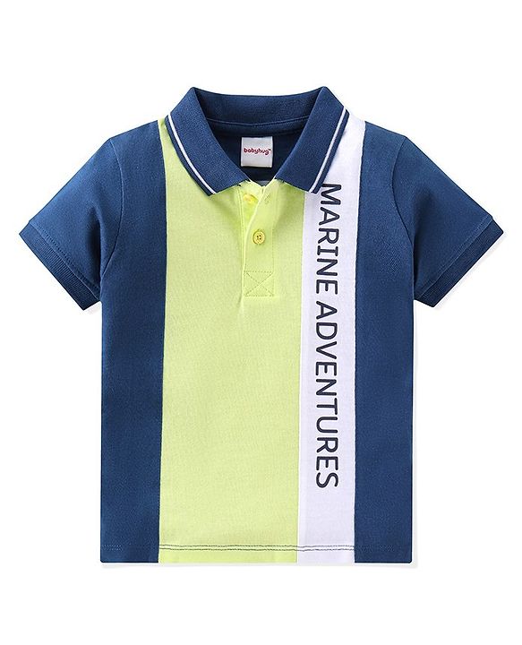 Babyhug Cotton Knit Text Graphics  Cut & Sew Polo T-Shirt - Navy & Green