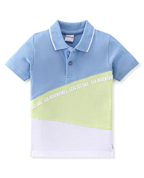 Babyhug Cotton Knit Half Sleeves Polo Cut & Sew T-Shirt with Text Graphic Print - Blue & Green