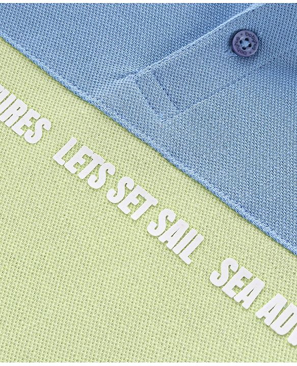 Babyhug Cotton Knit Half Sleeves Polo Cut & Sew T-Shirt with Text Graphic Print - Blue & Green