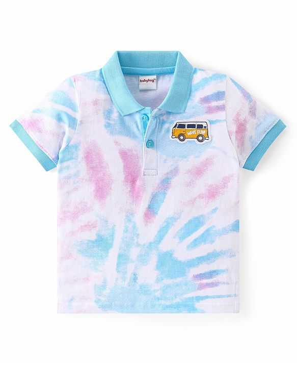 Babyhug Cotton Half Sleeves Tie & Dye Polo T-Shirt With Bus Patch - White