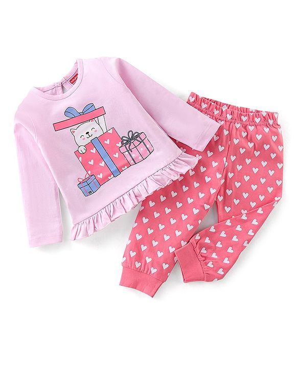 Babyhug Cotton Knit Full Sleeves Kitty Printed Night Suit - Pink
