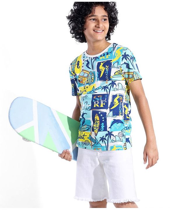 Pine Kids 100% Cotton Knit Half Sleeves T-Shirt Bus Print - White