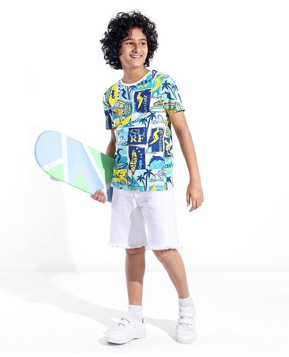 Pine Kids 100% Cotton Knit Half Sleeves T-Shirt Bus Print - White