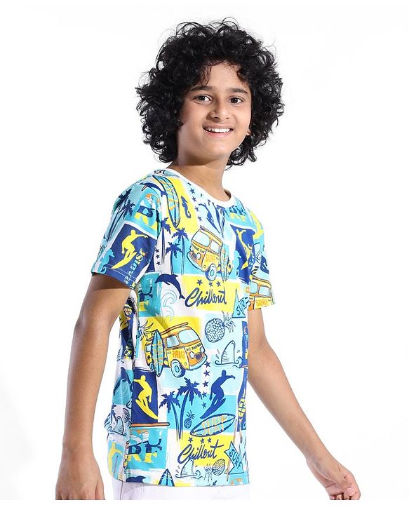 Pine Kids 100% Cotton Knit Half Sleeves T-Shirt Bus Print - White