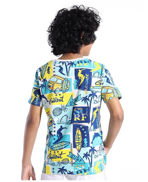 Pine Kids 100% Cotton Knit Half Sleeves T-Shirt Bus Print - White