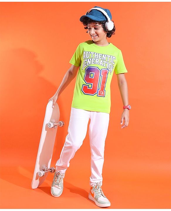 Pine Kids Cotton Knit Half Sleeves T-Shirts Text Print- Green