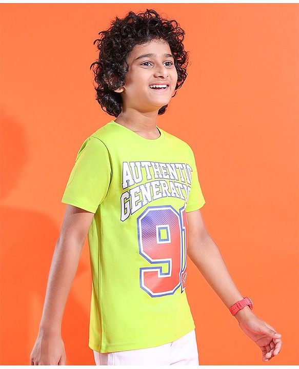 Pine Kids Cotton Knit Half Sleeves T-Shirts Text Print- Green