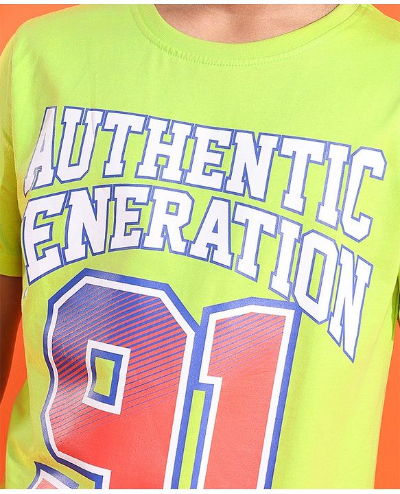 Pine Kids Cotton Knit Half Sleeves T-Shirts Text Print- Green