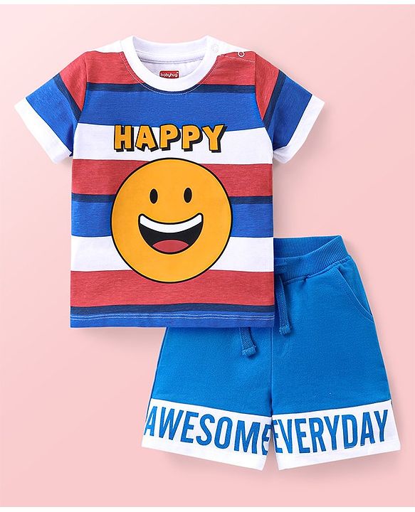 Babyhug Single Jersey Knit Half Sleeves T-Shirt And Shorts Set Stripes & Emoji Print - Red White & Blue