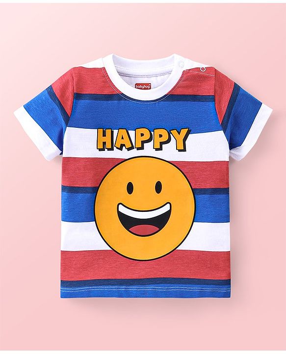 Babyhug Single Jersey Knit Half Sleeves T-Shirt And Shorts Set Stripes & Emoji Print - Red White & Blue