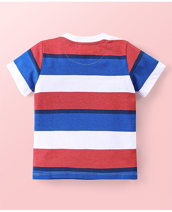 Babyhug Single Jersey Knit Half Sleeves T-Shirt And Shorts Set Stripes & Emoji Print - Red White & Blue