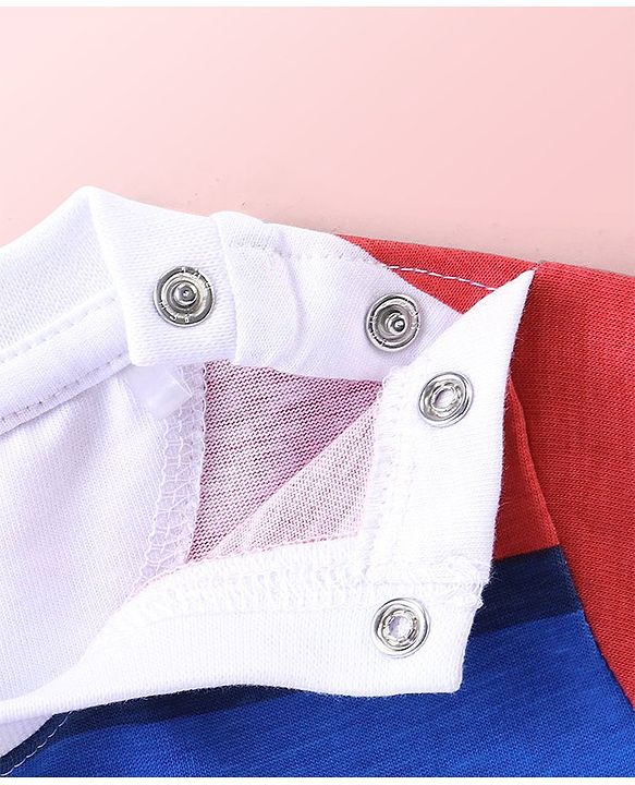 Babyhug Single Jersey Knit Half Sleeves T-Shirt And Shorts Set Stripes & Emoji Print - Red White & Blue
